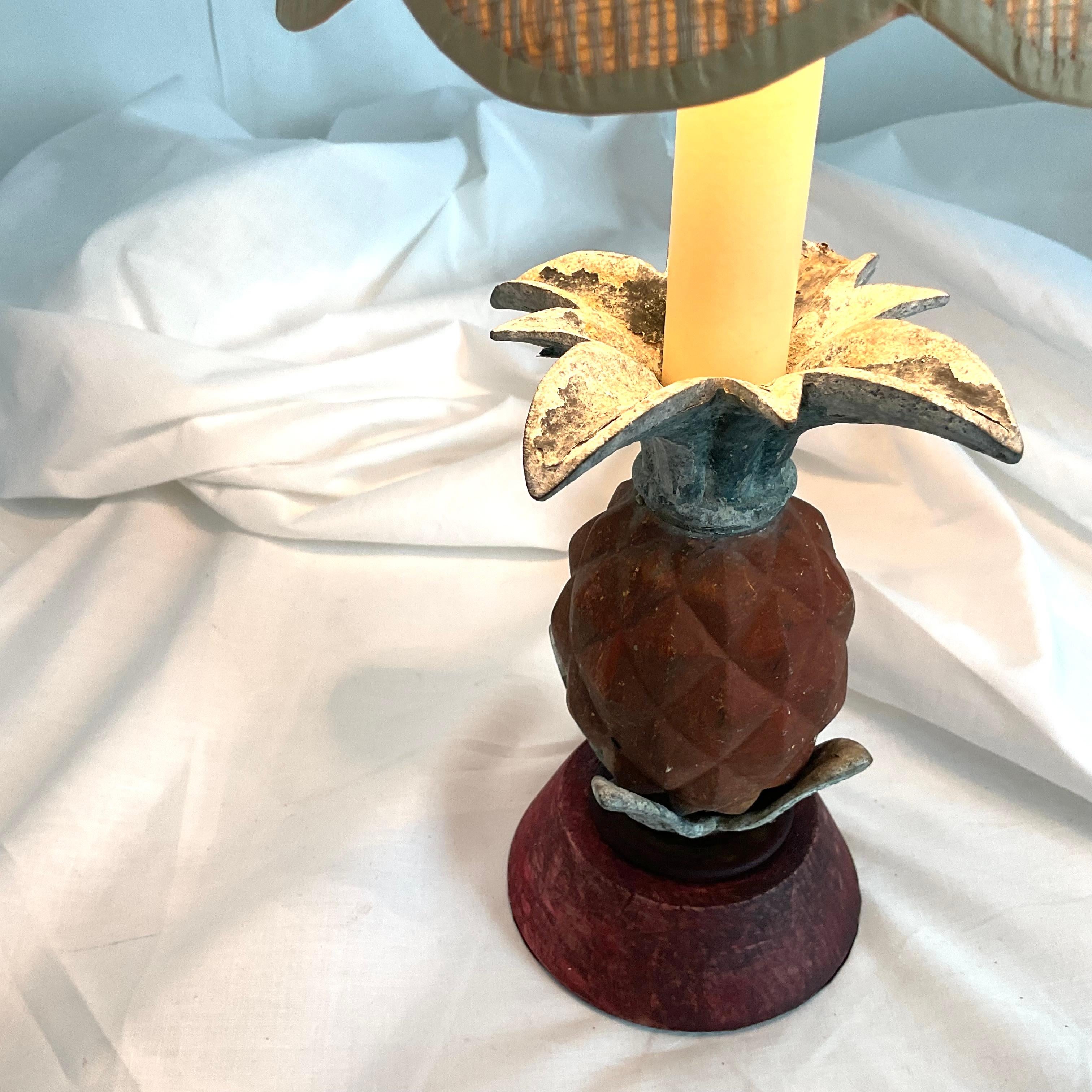 Country Vintage Rustic Metal and Wood Mini Pineapple with Grass cloth Shade Lamp For Sale