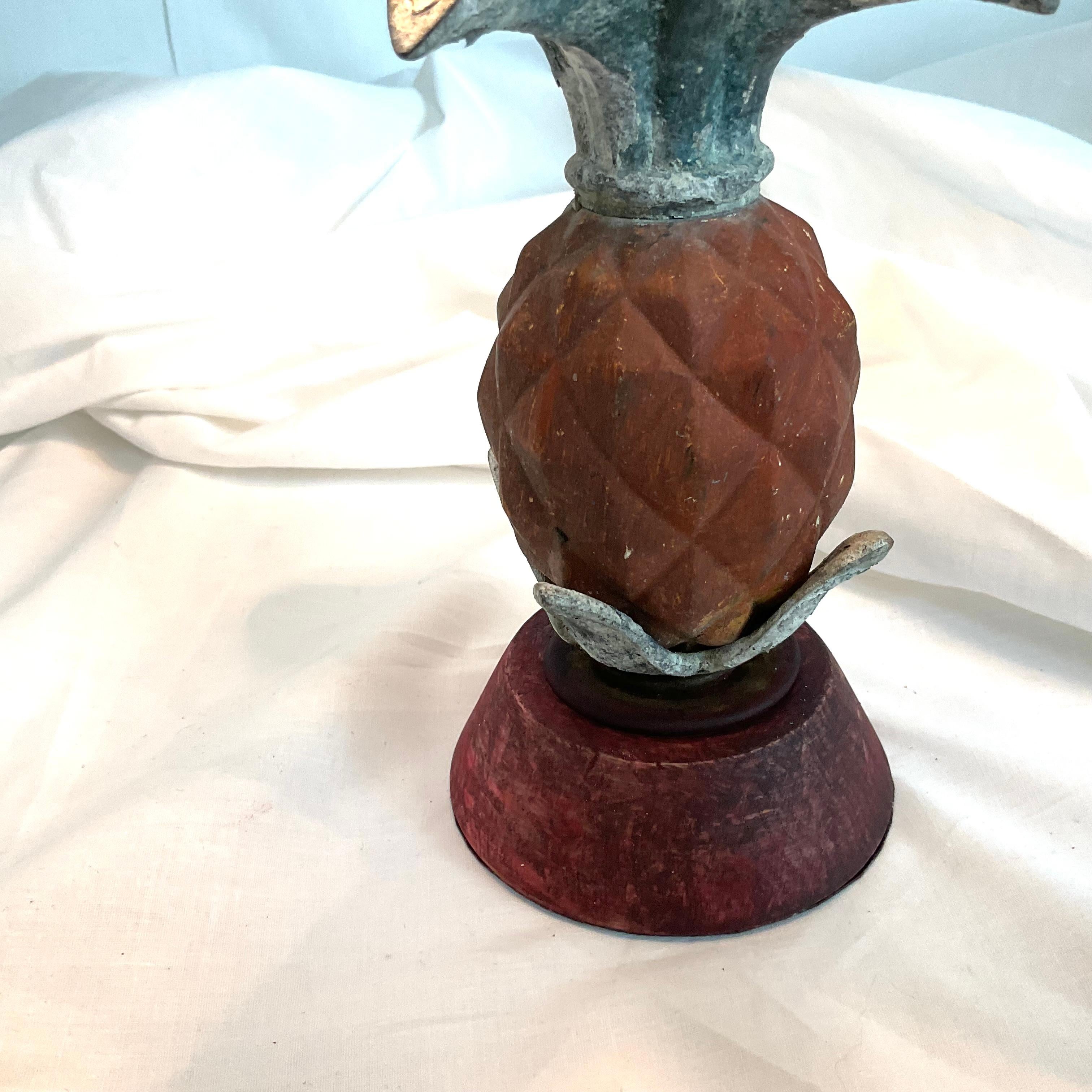 American Vintage Rustic Metal and Wood Mini Pineapple with Grass cloth Shade Lamp For Sale