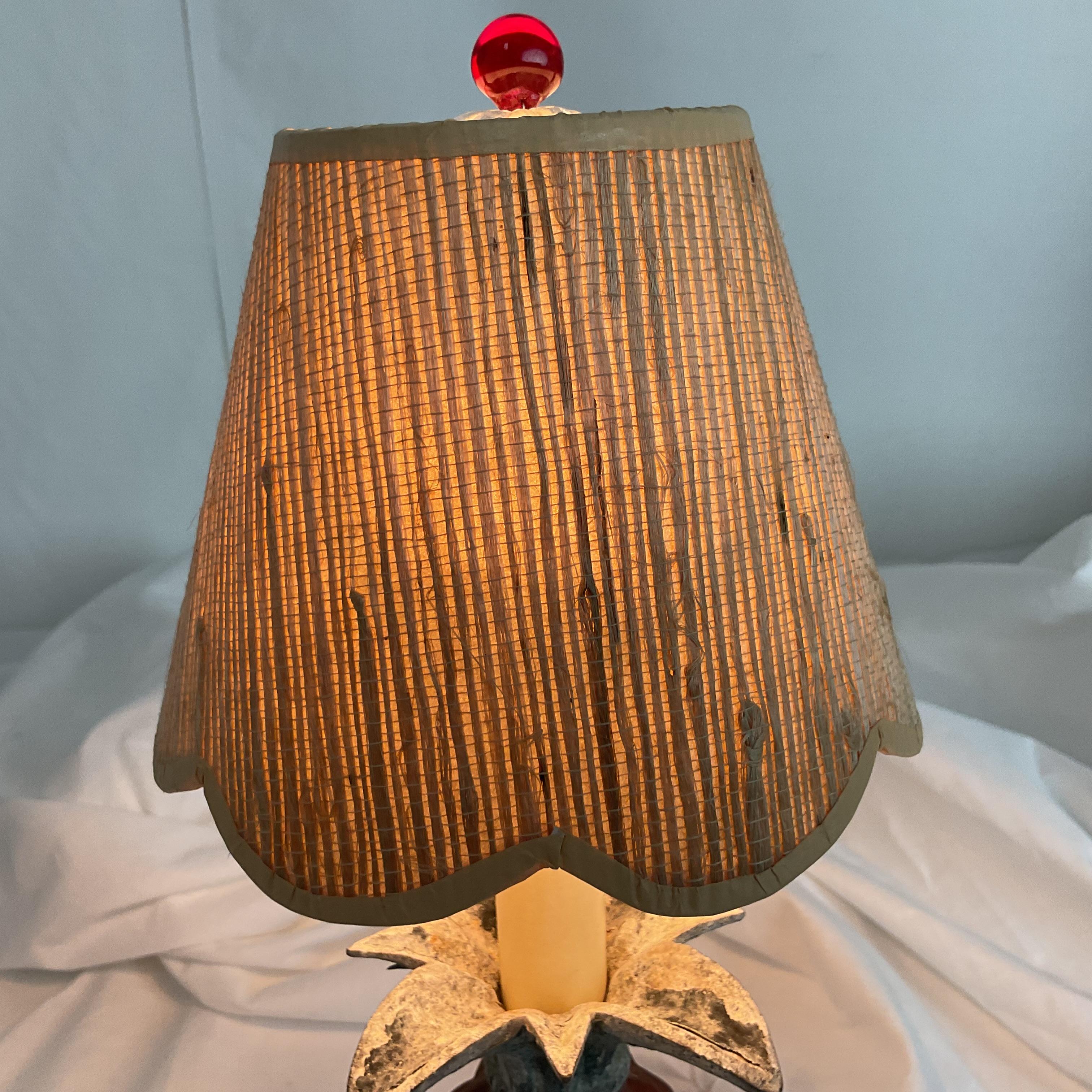 Vintage Rustic Metal and Wood Mini Pineapple with Grass cloth Shade Lamp In Good Condition For Sale In West Palm Beach, FL