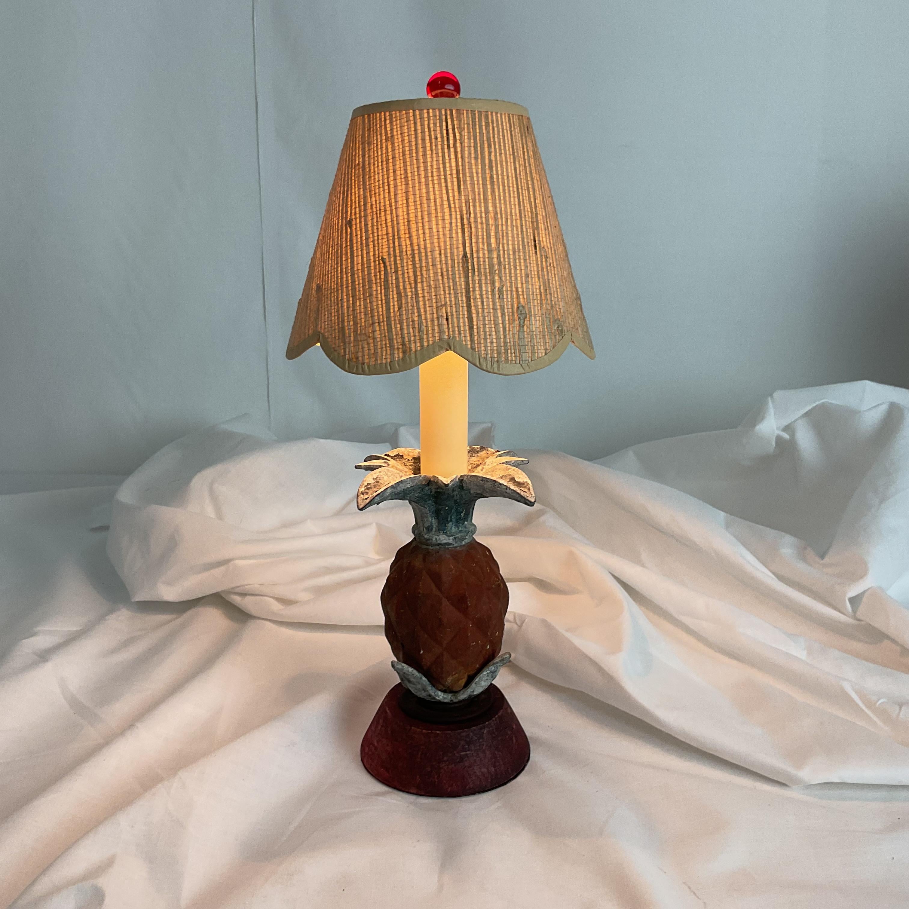 Vintage Rustic Metal and Wood Mini Pineapple with Grass cloth Shade Lamp For Sale 1