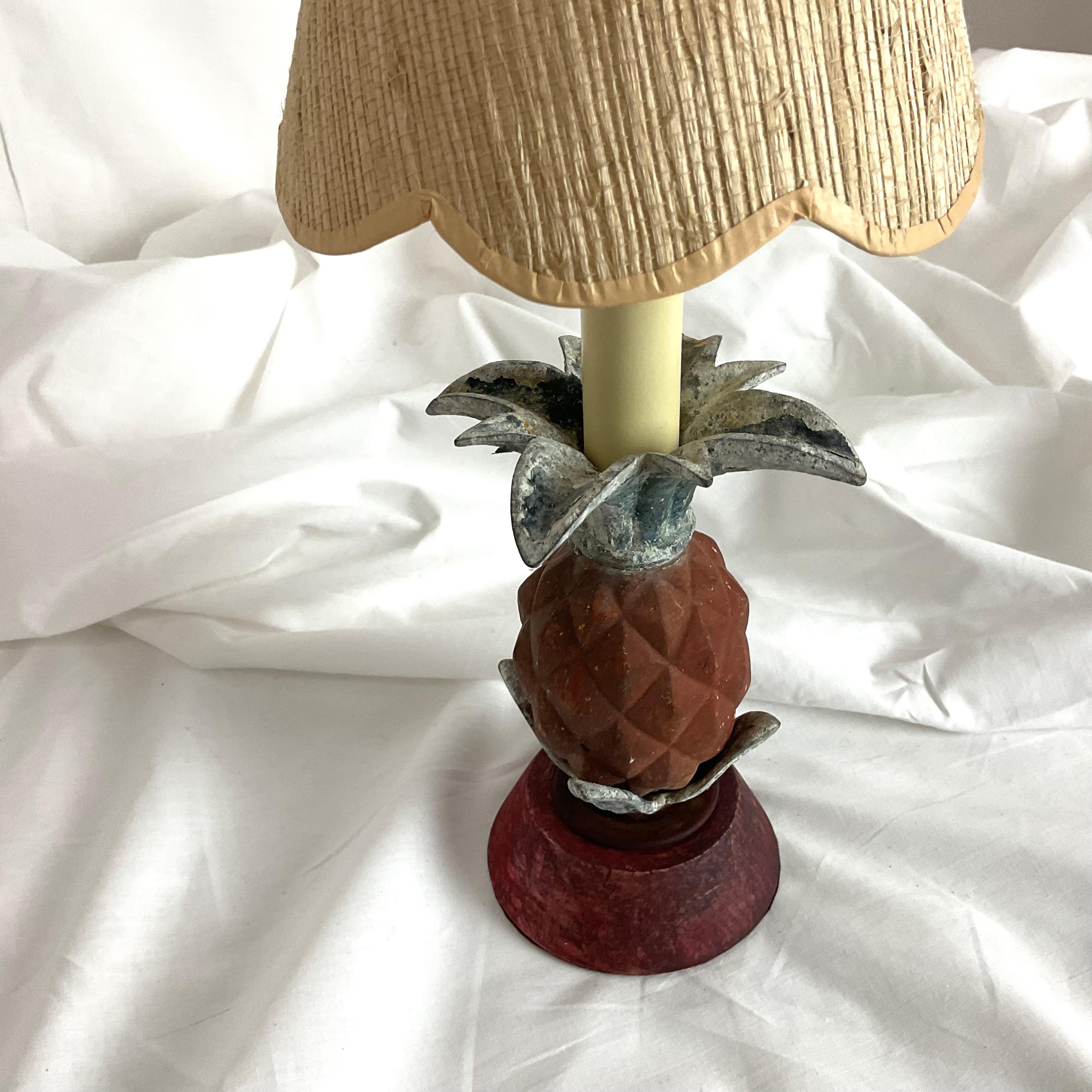 Vintage Rustic Metal and Wood Mini Pineapple with Grass cloth Shade Lamp For Sale 2
