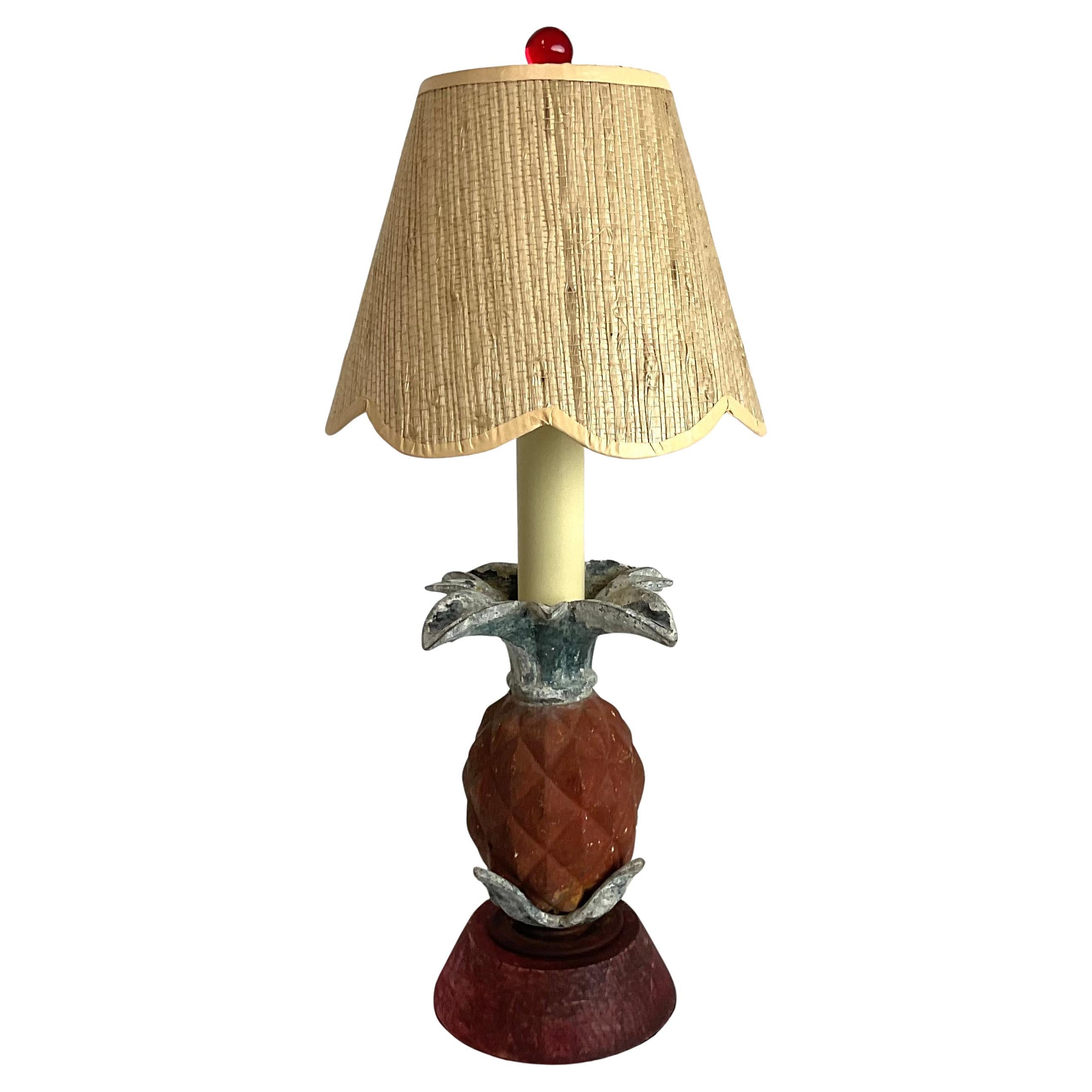 Vintage Rustic Metal and Wood Mini Pineapple with Grass cloth Shade Lamp For Sale