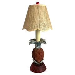 Vintage Rustic Metal and Wood Mini Pineapple with Grass cloth Shade Lamp