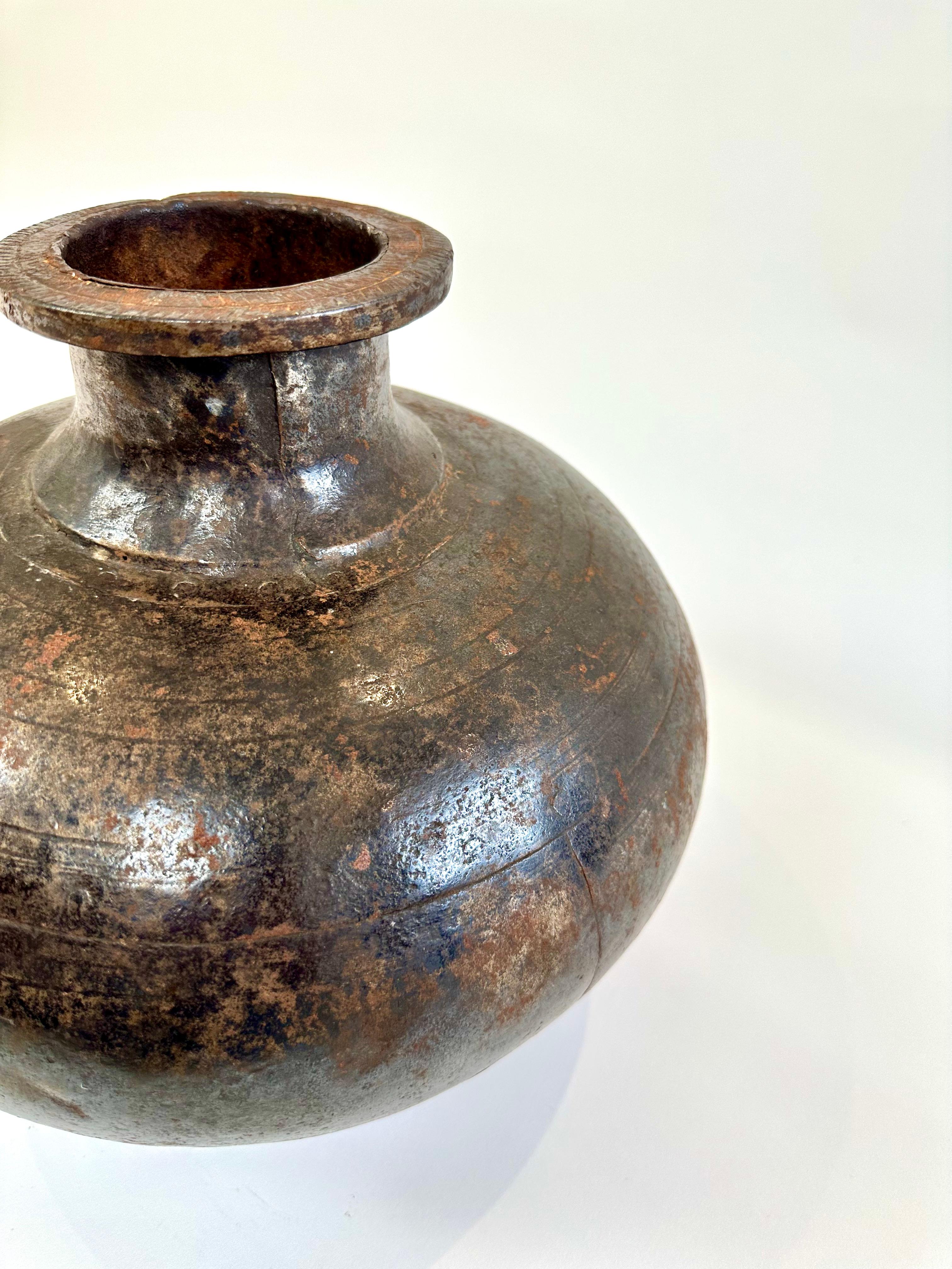 Vintage rustic metal Indian water pot or vase For Sale 2
