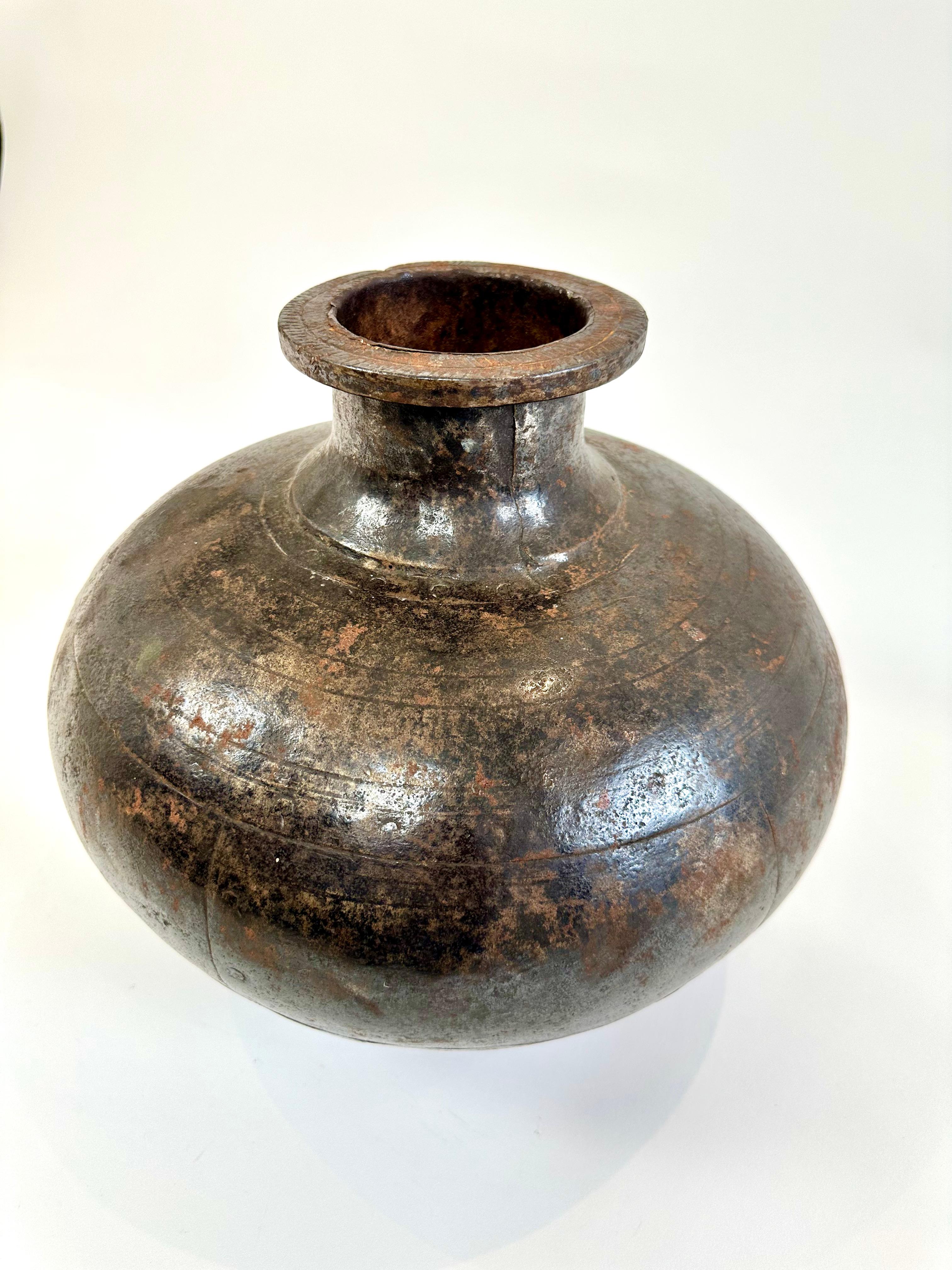 Vintage rustic metal Indian water pot or vase For Sale 3