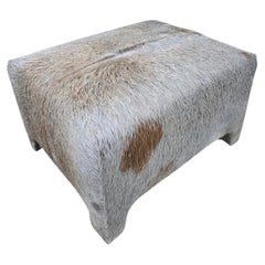 Vintage Rustic Modern Cowhide Ottoman Newly Reupholstered in Cowhide