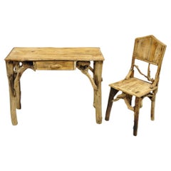 Used Rustic Modern Driftwood Branch Small Wooden Desk and Chair with Drawer