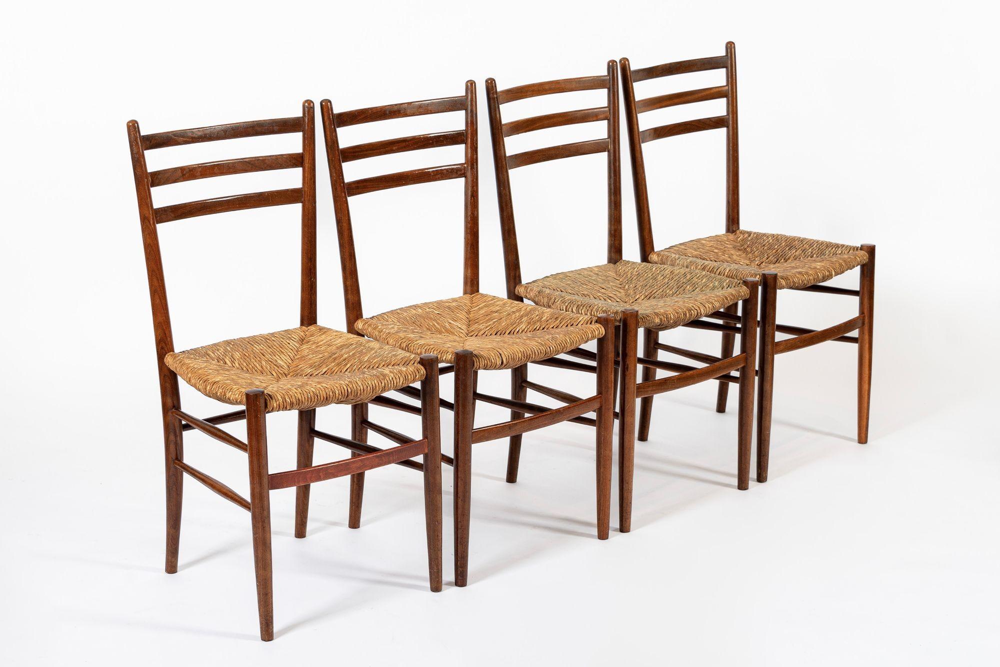 Vintage Rustic Modern Wood and Rush Wicker Dining Chairs, Set of 4 For Sale 5