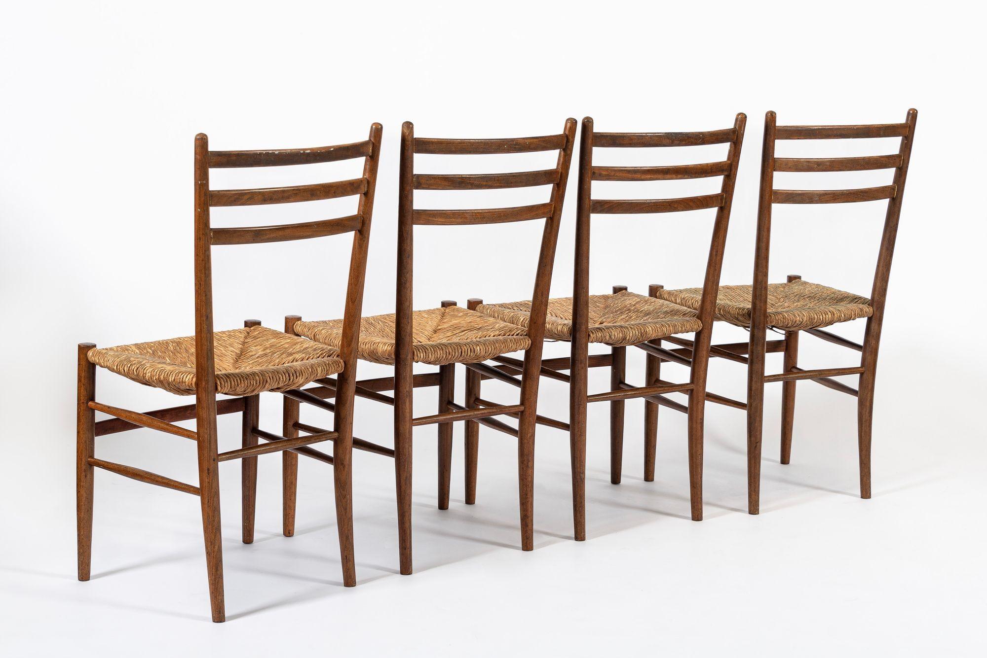 Vintage Rustic Modern Wood and Rush Wicker Dining Chairs, Set of 4 For Sale 7