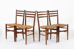 Vintage Rustic Modern Wood and Rush Wicker Dining Chairs, Set of 4