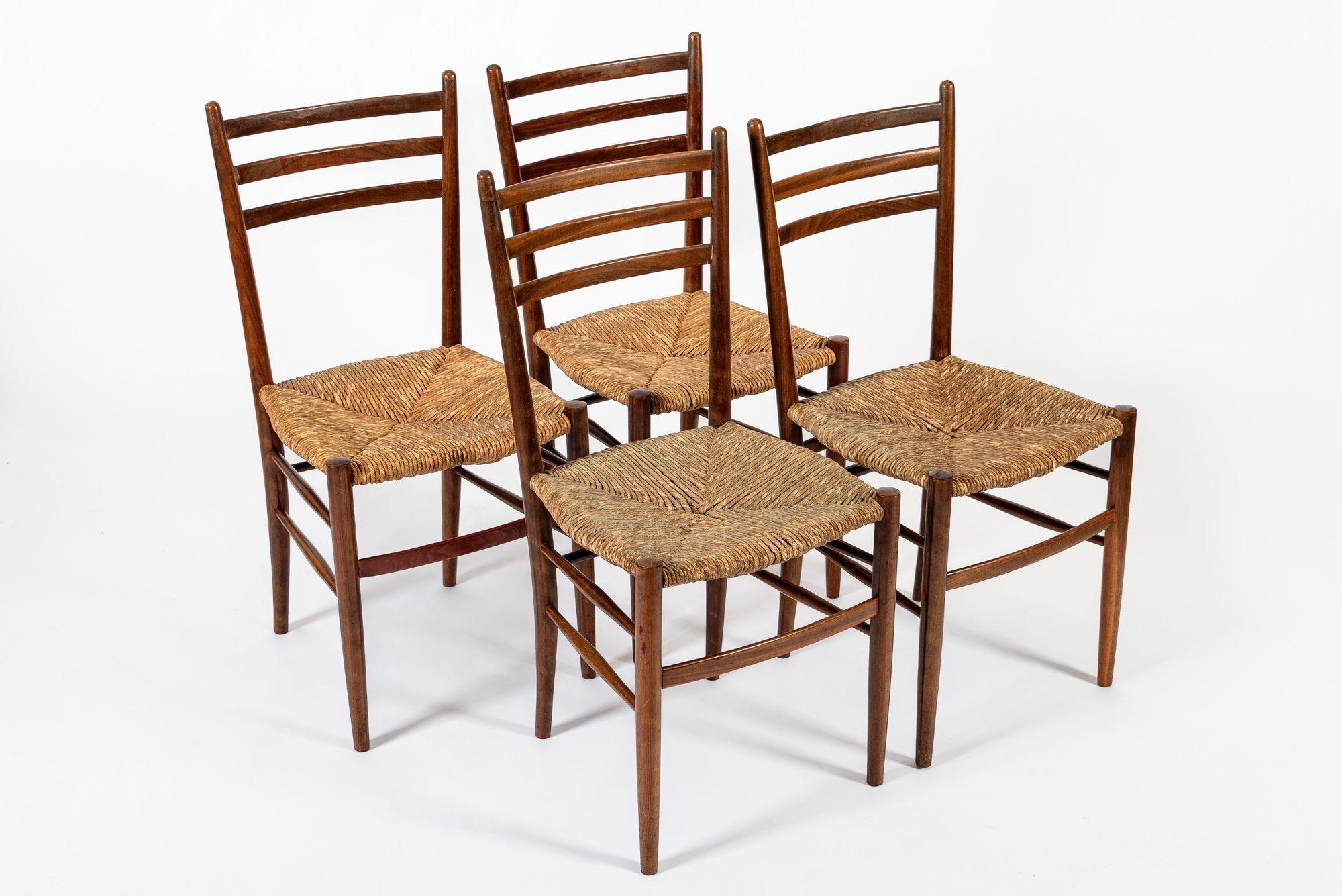 Mid-Century Modern Vintage Rustic Modern Wood and Rush Wicker Dining Chairs, Set of 4 For Sale