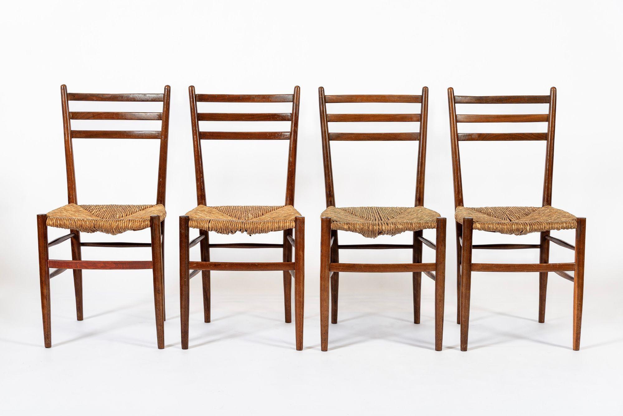 Unknown Vintage Rustic Modern Wood and Rush Wicker Dining Chairs, Set of 4 For Sale