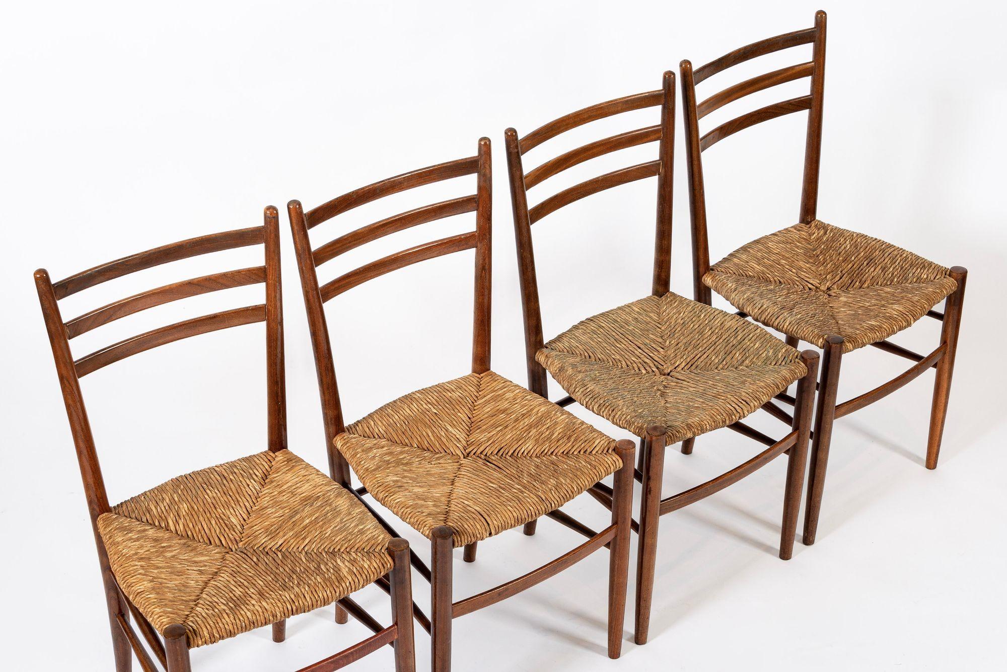 Mid-20th Century Vintage Rustic Modern Wood and Rush Wicker Dining Chairs, Set of 4 For Sale