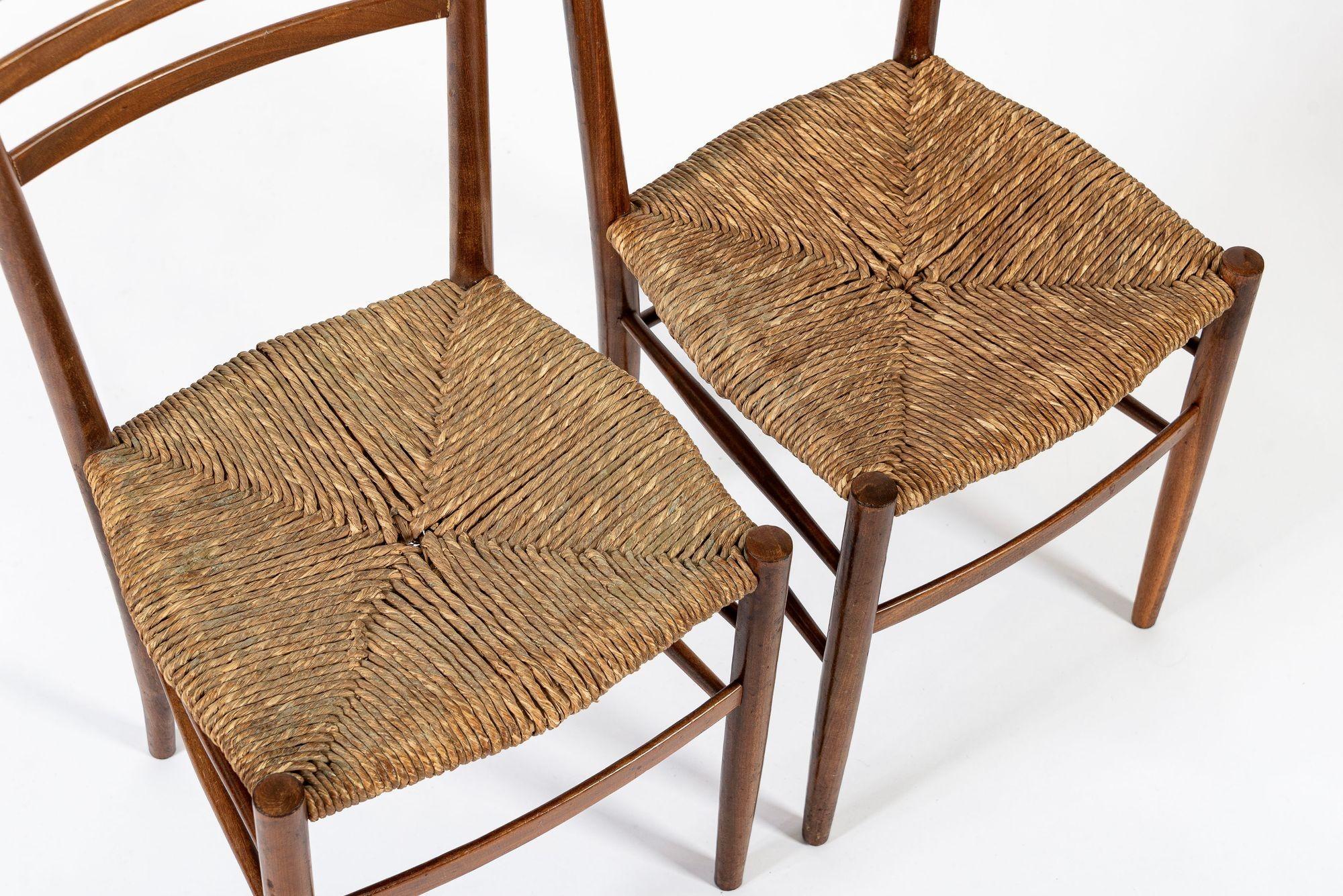 Vintage Rustic Modern Wood and Rush Wicker Dining Chairs, Set of 4 For Sale 1