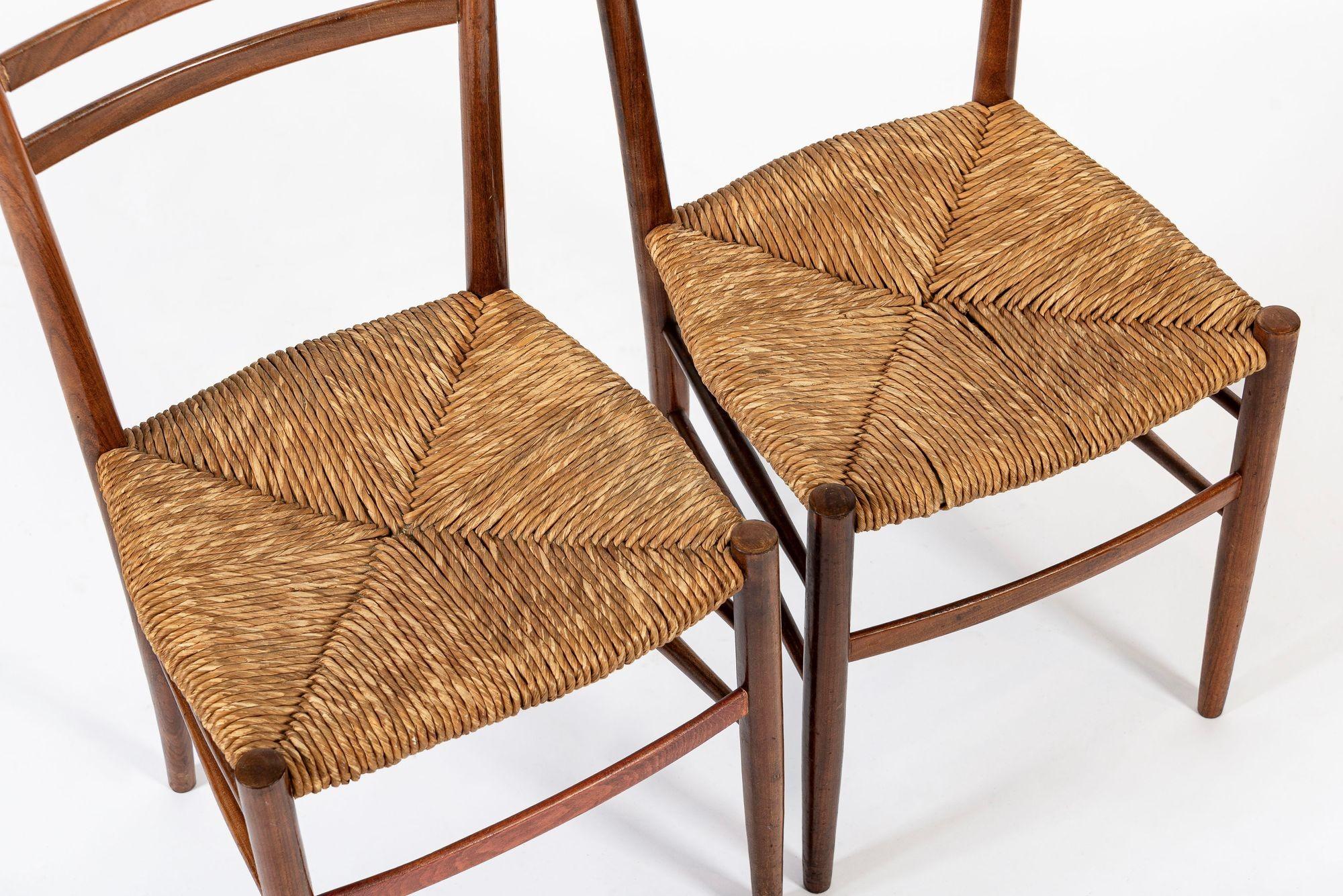 Vintage Rustic Modern Wood and Rush Wicker Dining Chairs, Set of 4 For Sale 2