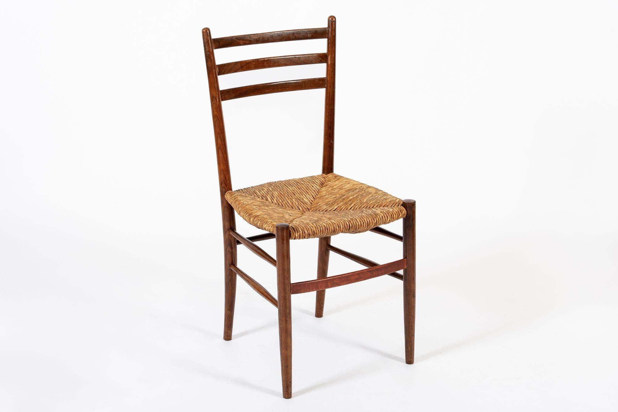 Vintage Rustic Modern Wood and Rush Wicker Dining Chairs, Set of 4 For Sale 3