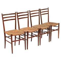 Vintage Rustic Modern Wood and Rush Wicker Dining Chairs, Set of 4
