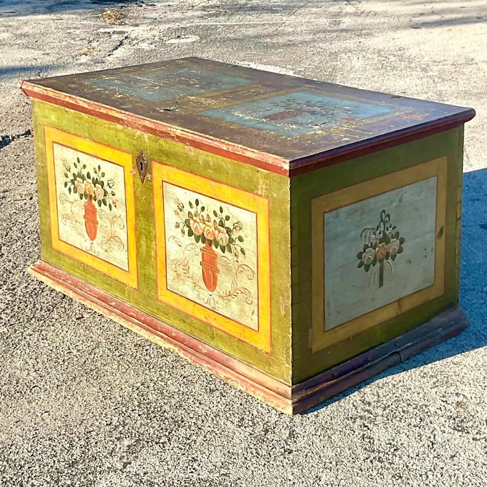 A fantastic vintage Rustic blanket chest. Beautiful hand painted detail in a large scale chest. Made in Norway. Acquired from a Palm beach estate.