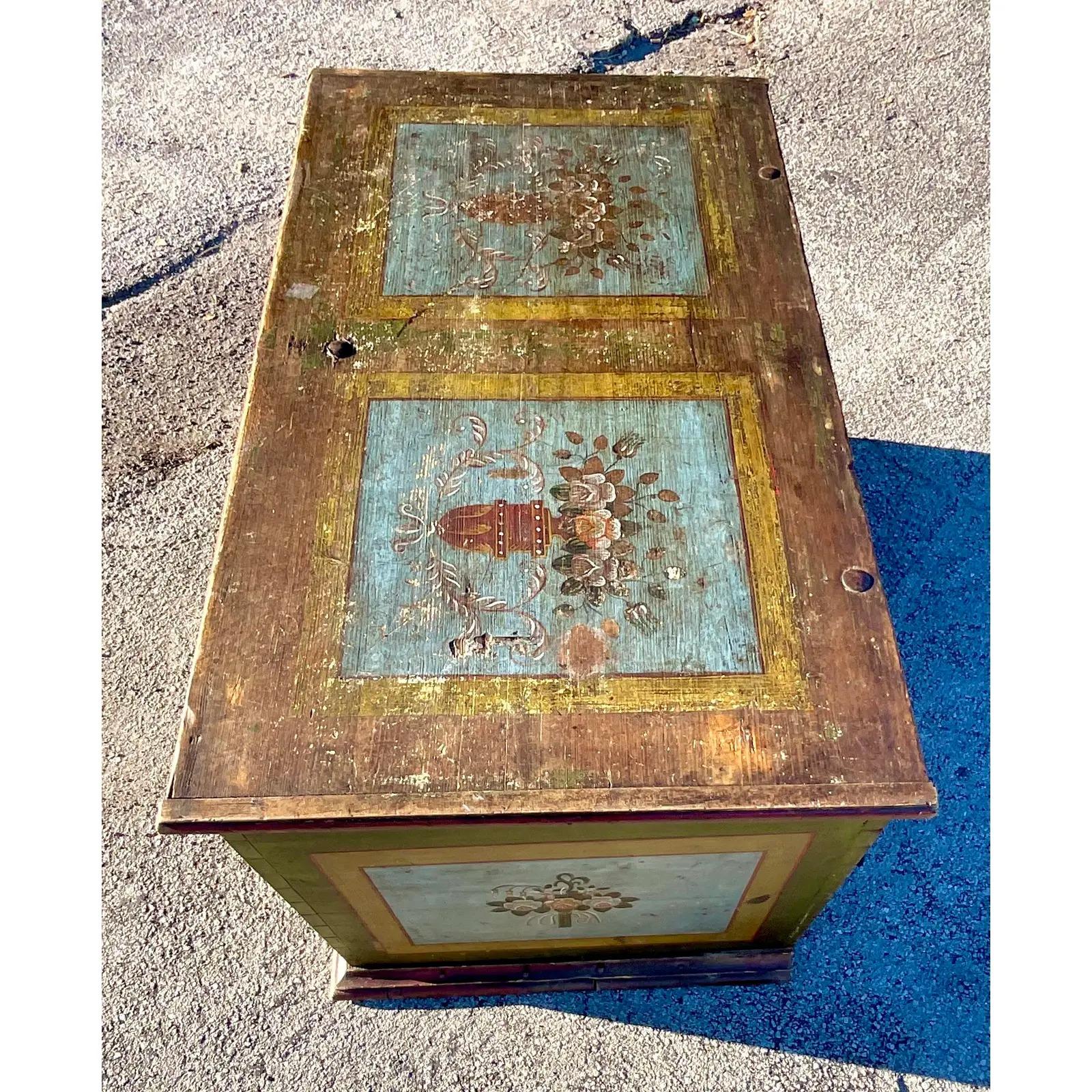 20th Century Vintage Rustic Norwegian Hand Painted Blanket Chest For Sale