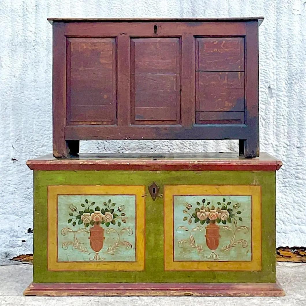 Vintage Rustic Norwegian Hand Painted Blanket Chest For Sale 2