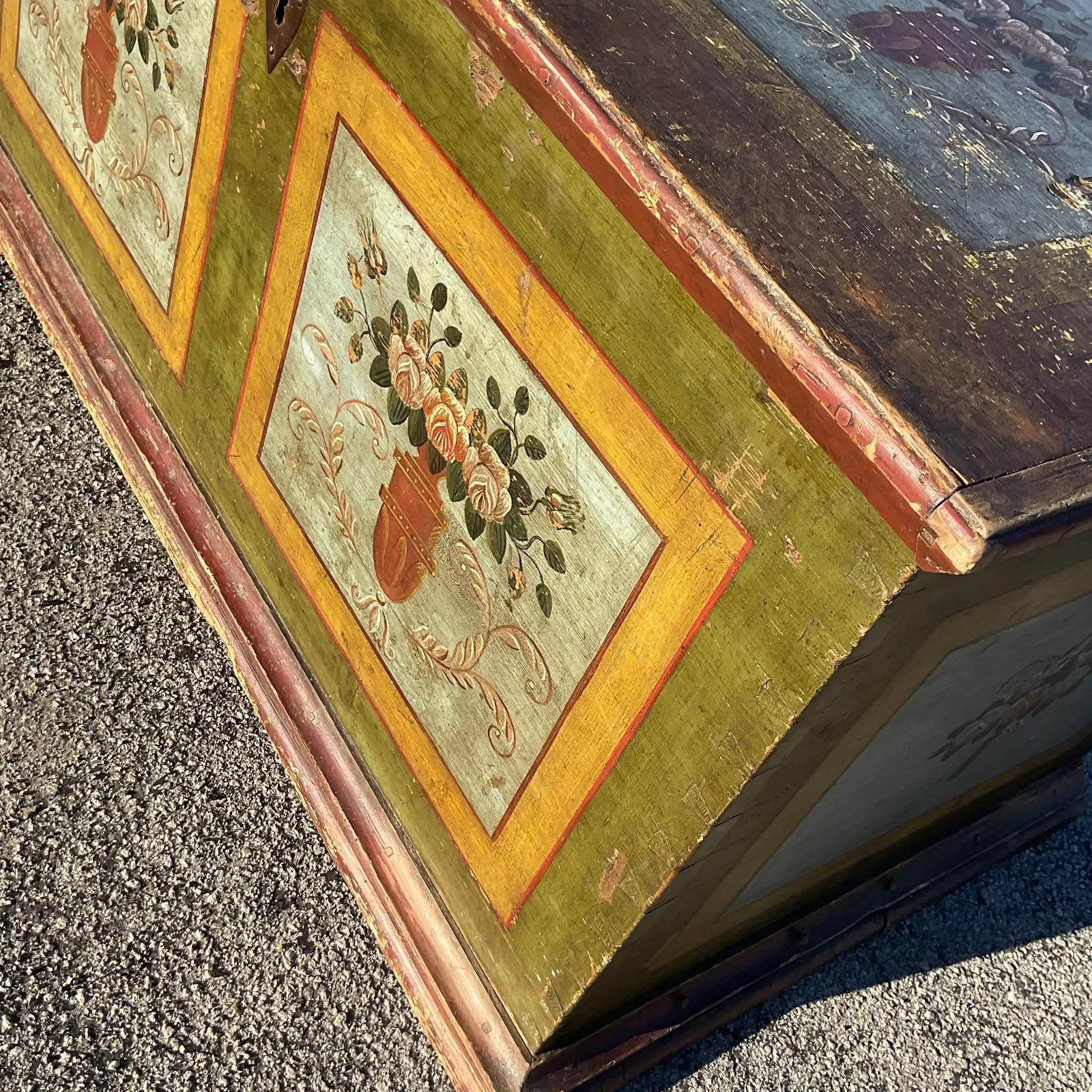 Vintage Rustic Norwegian Hand Painted Blanket Chest For Sale 5