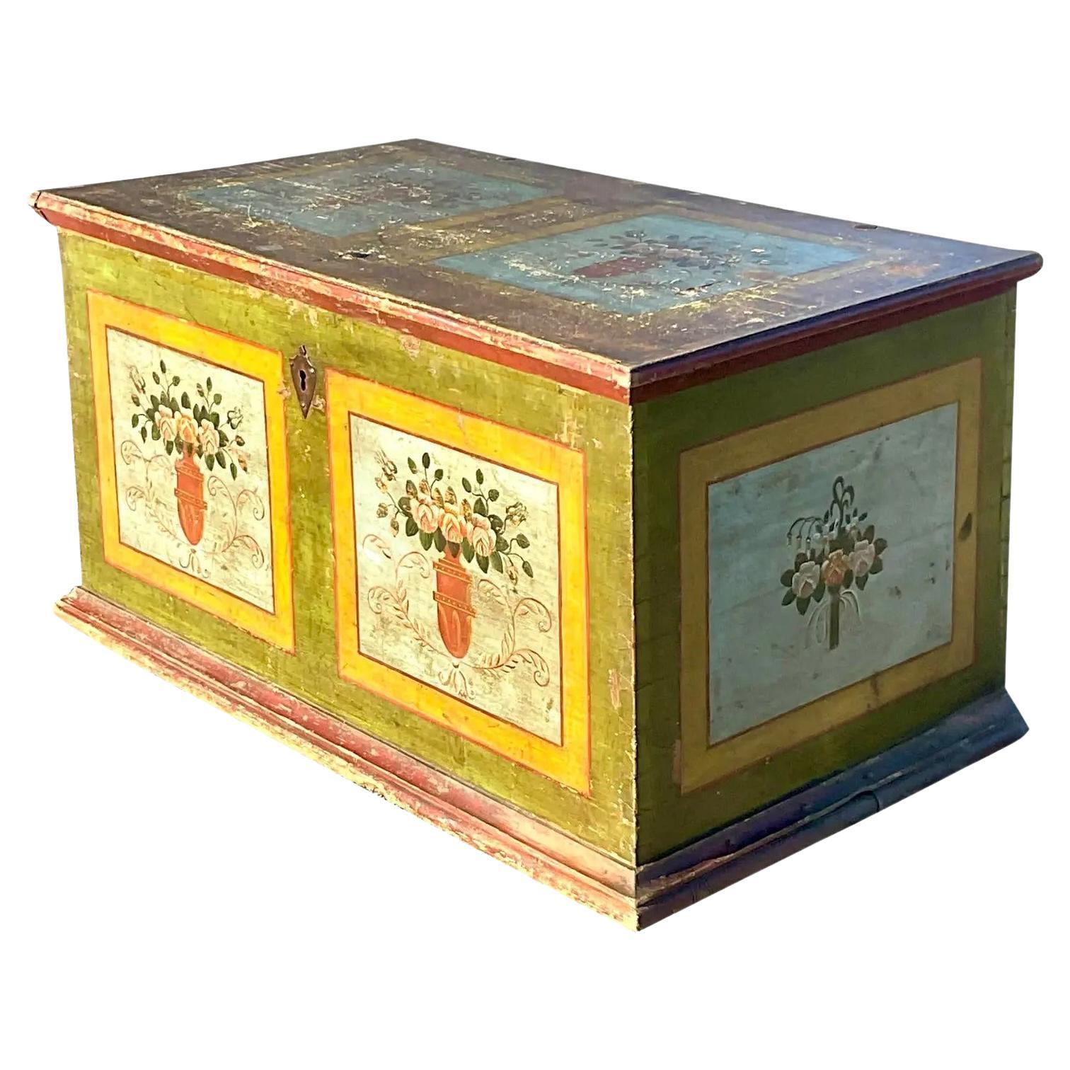 Vintage Rustic Norwegian Hand Painted Blanket Chest For Sale