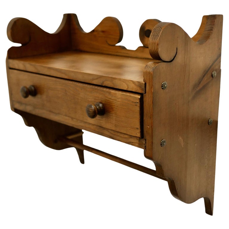Vintage Rustic Pine Folk Art Wall Shelf with Drawer For Sale at 1stDibs