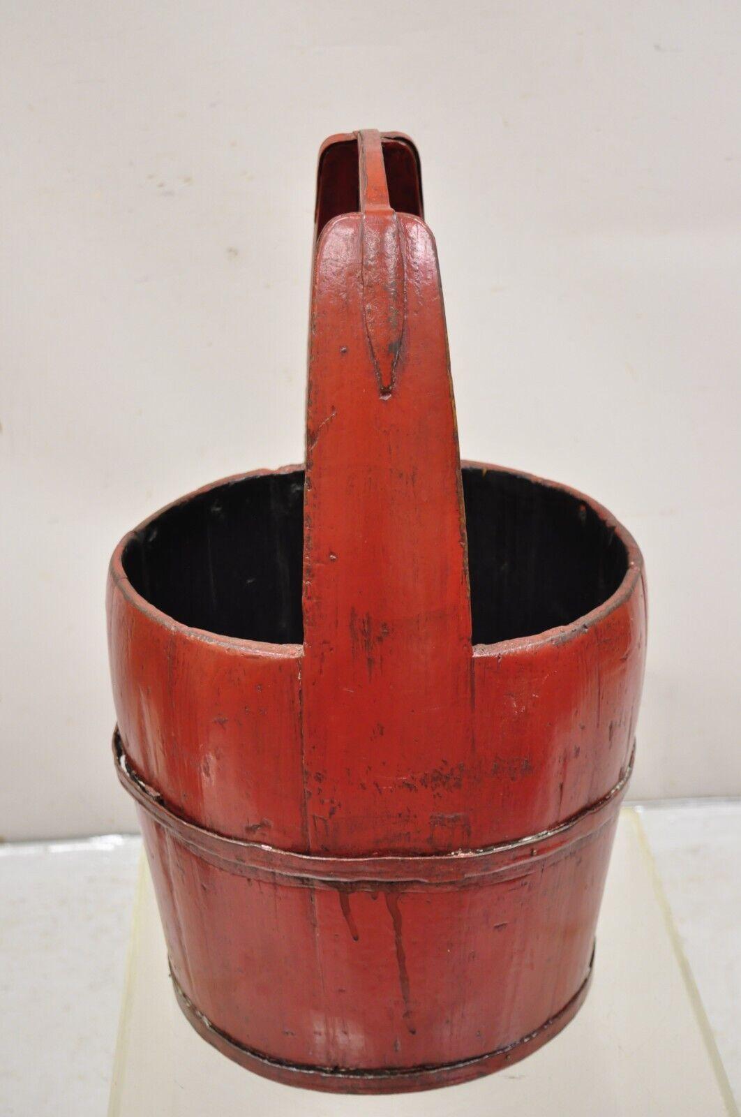 Vintage Rustic Primitive Chinese Wooden Red Painted Water Bucket with Handle 7