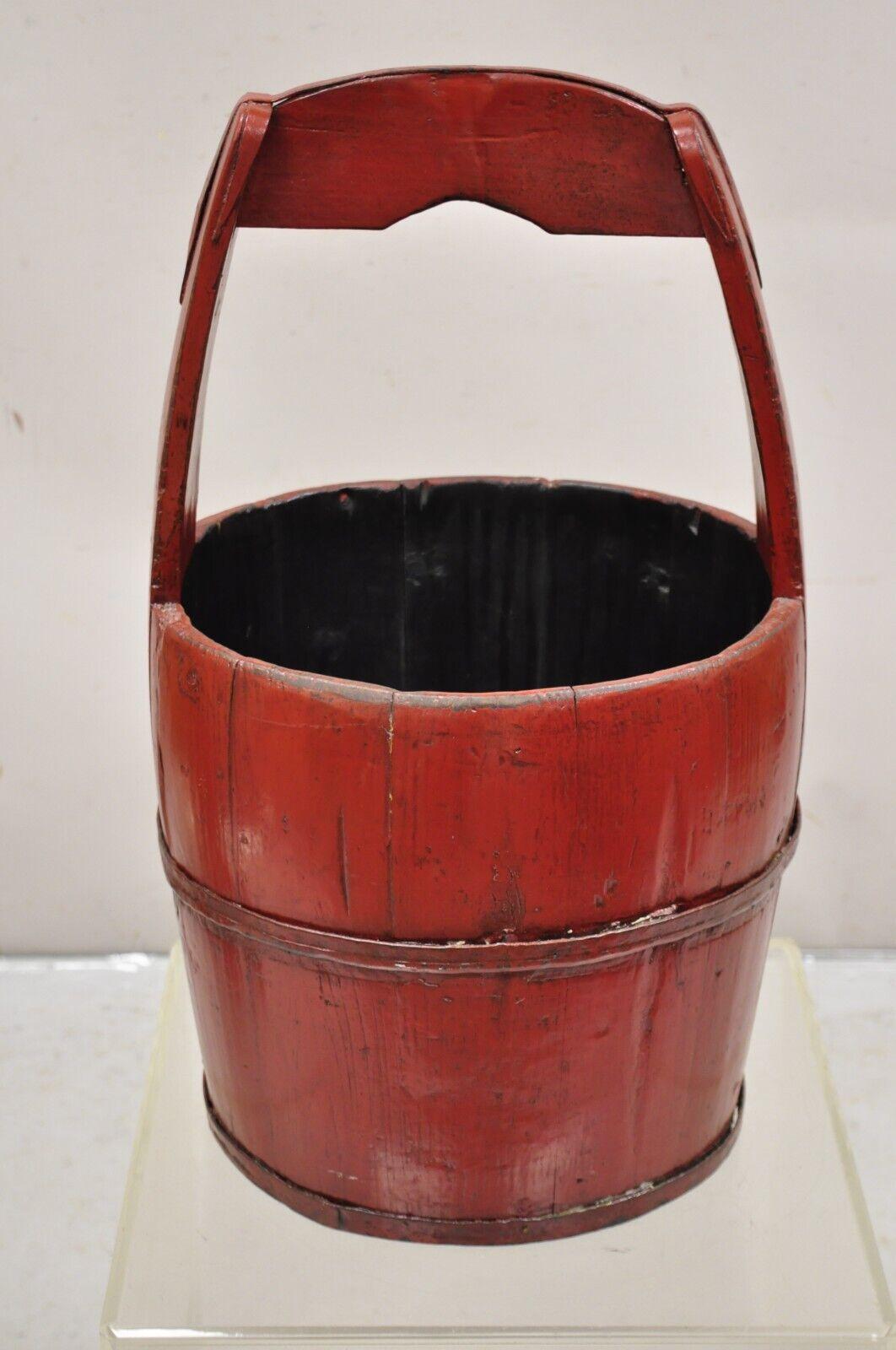 Vintage Rustic Primitive Chinese Wooden Red Painted Water Bucket with Handle 8