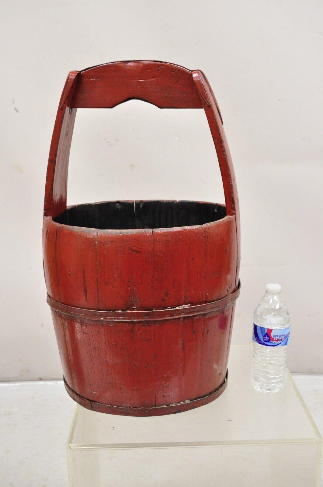 Vintage Rustic Primitive Chinese Wooden Red Painted Water Bucket with Handle. Circa Mid to Late 20th Century. Measurements: 23