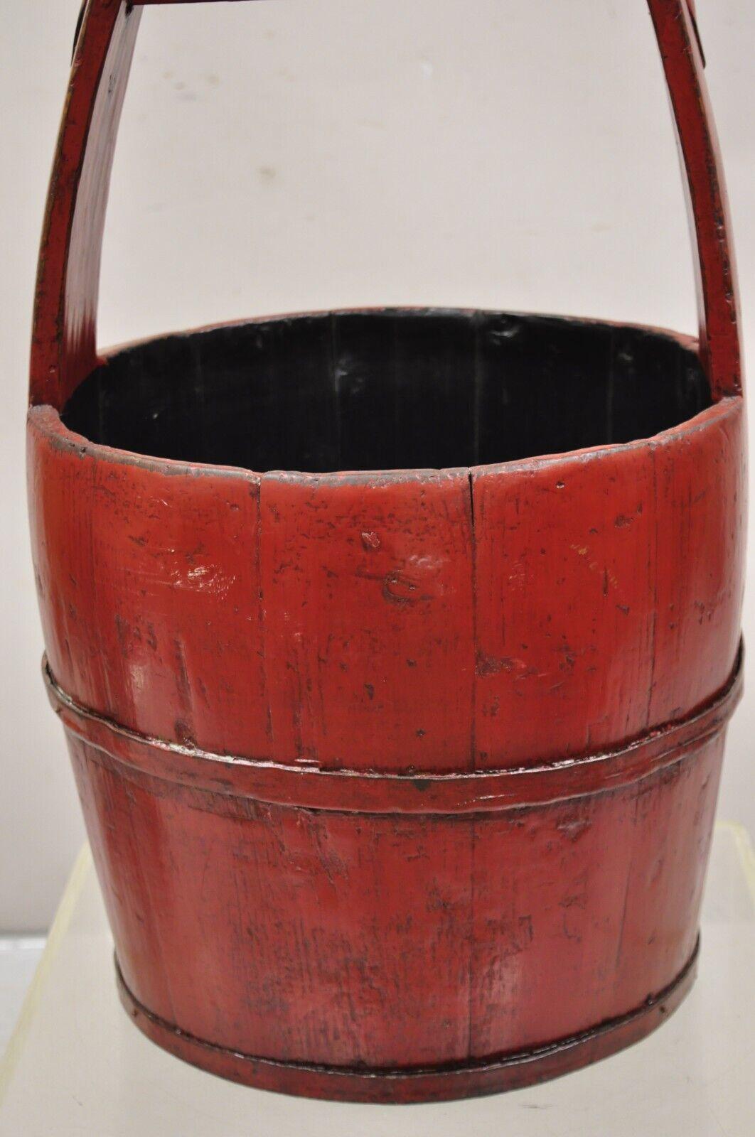 20th Century Vintage Rustic Primitive Chinese Wooden Red Painted Water Bucket with Handle