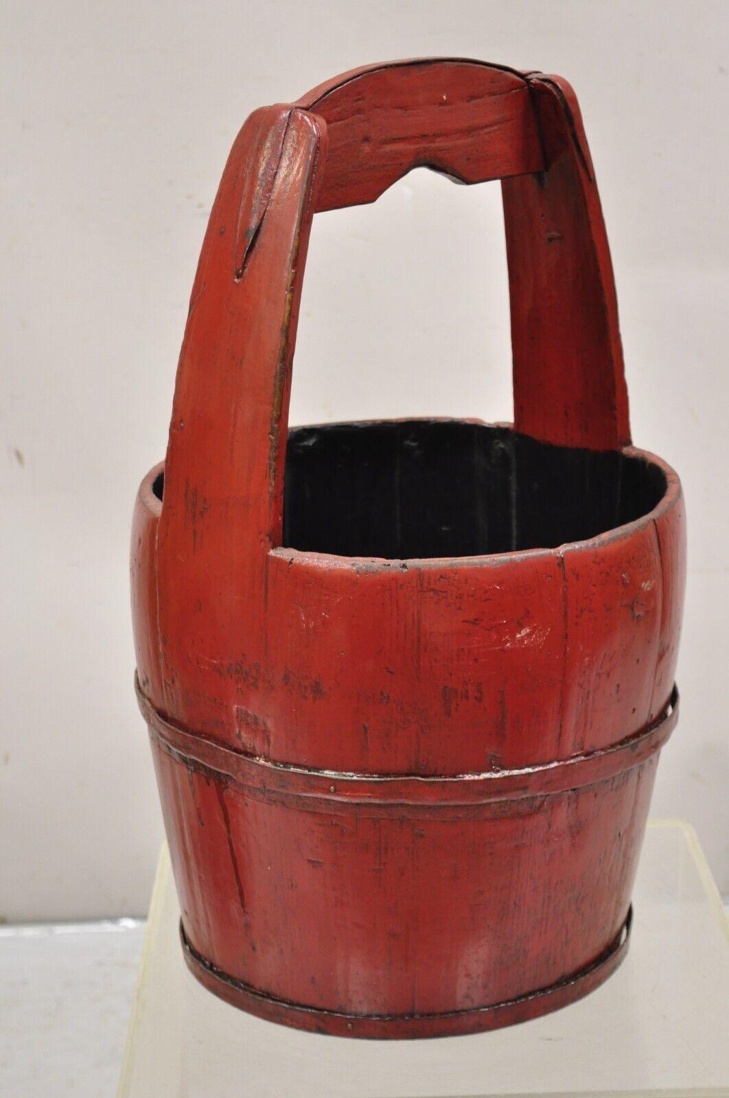 Vintage Rustic Primitive Chinese Wooden Red Painted Water Bucket with Handle 1
