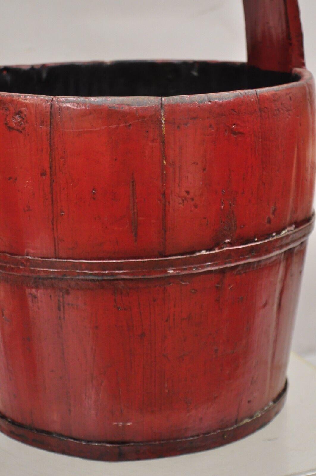 Vintage Rustic Primitive Chinese Wooden Red Painted Water Bucket with Handle 3