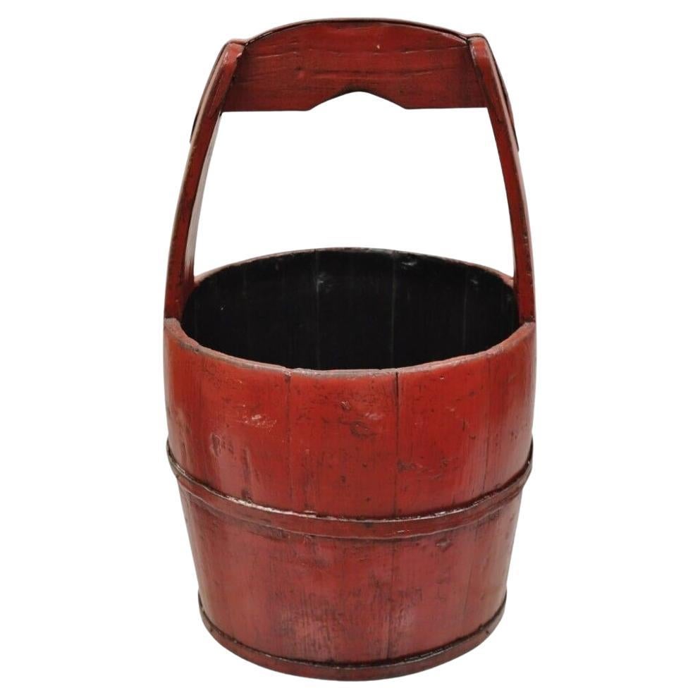 Vintage Rustic Primitive Chinese Wooden Red Painted Water Bucket with Handle