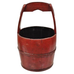 Vintage Rustic Primitive Chinese Wooden Red Painted Water Bucket with Handle