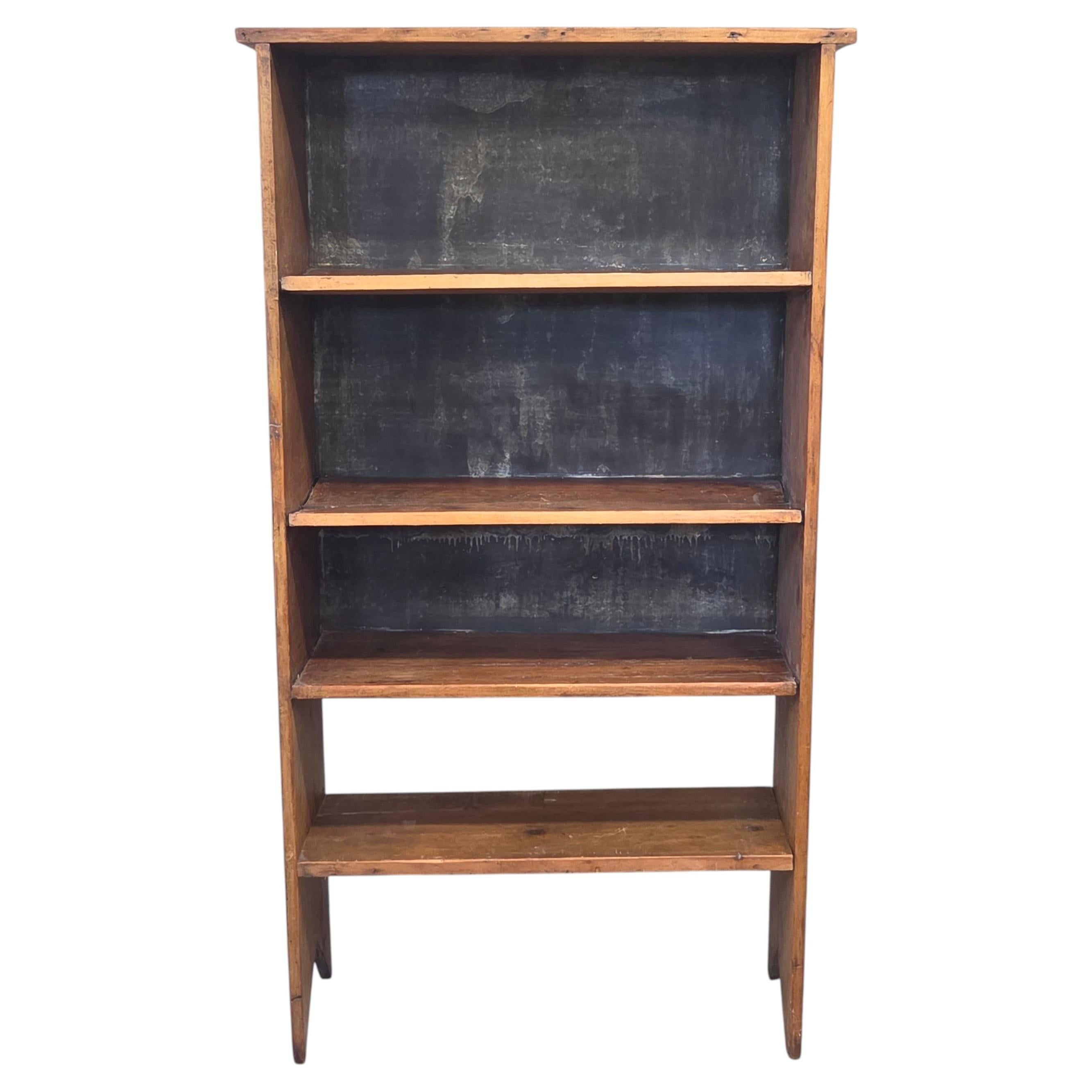 Vintage Rustic Primitive Handmade Pine Bookcase with Metal Backing For Sale
