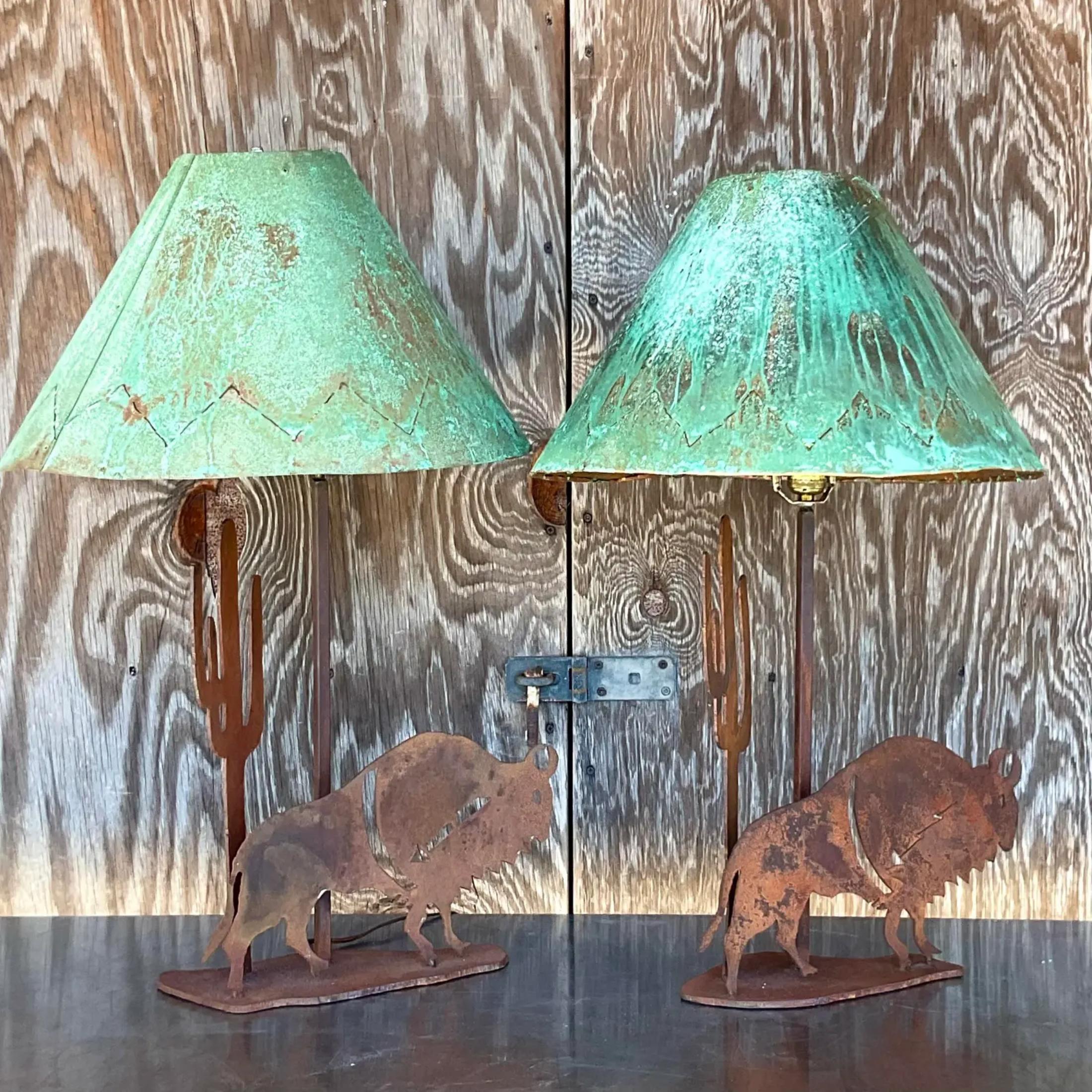 Vintage Rustic Punch Cut Lamps With Patinated Metal Shades - a Pair In Good Condition In west palm beach, FL