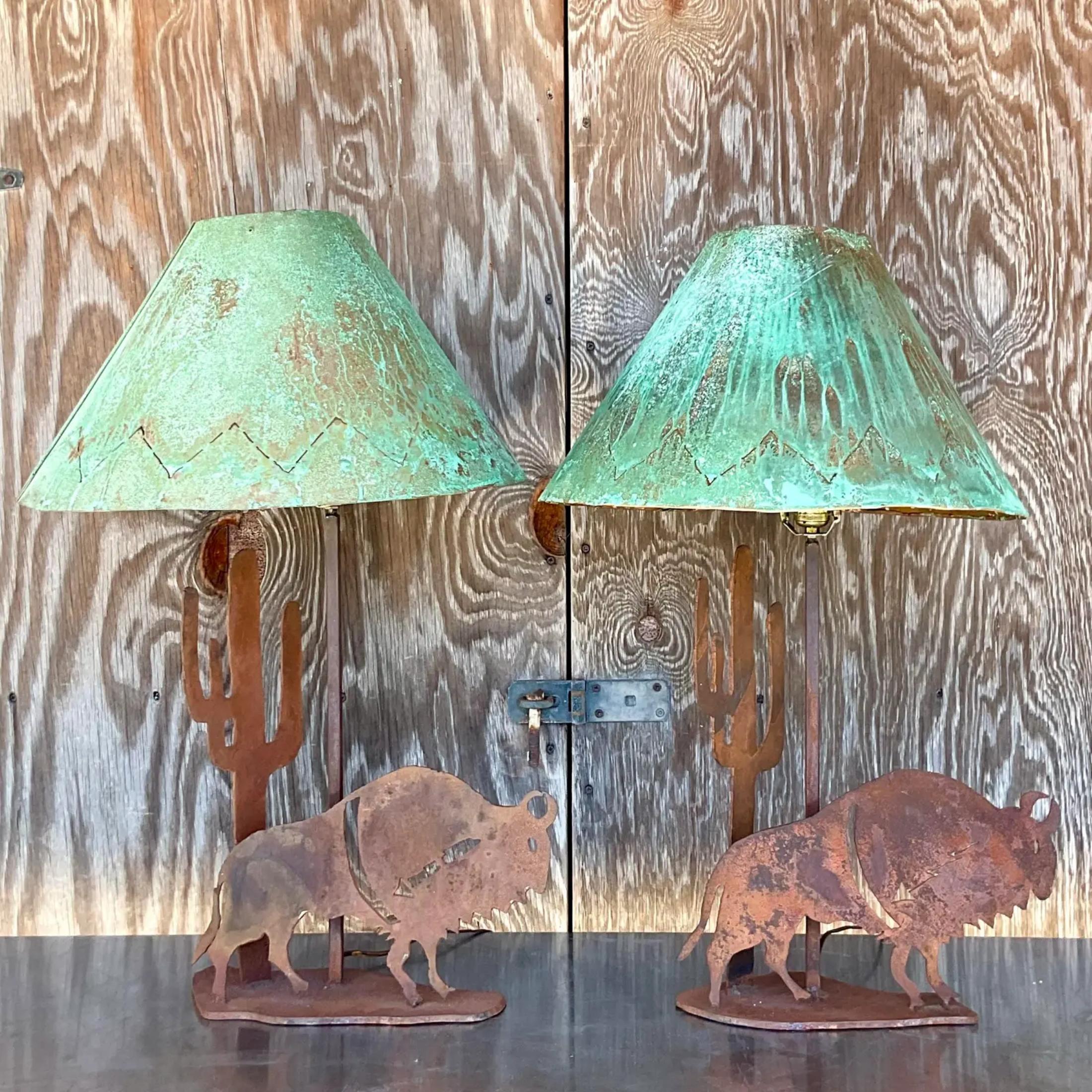 20th Century Vintage Rustic Punch Cut Lamps With Patinated Metal Shades - a Pair