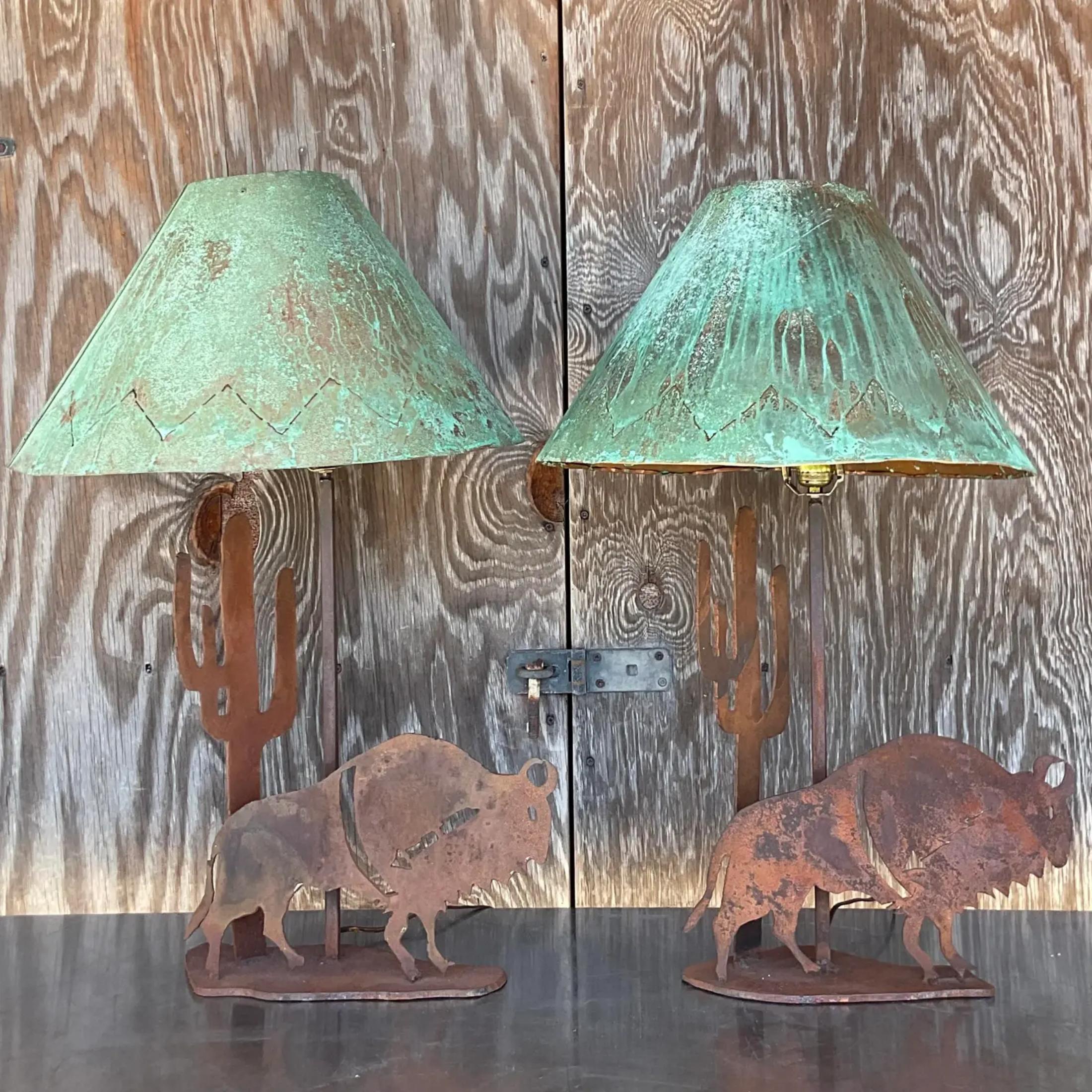 Vintage Rustic Punch Cut Lamps With Patinated Metal Shades - a Pair 1