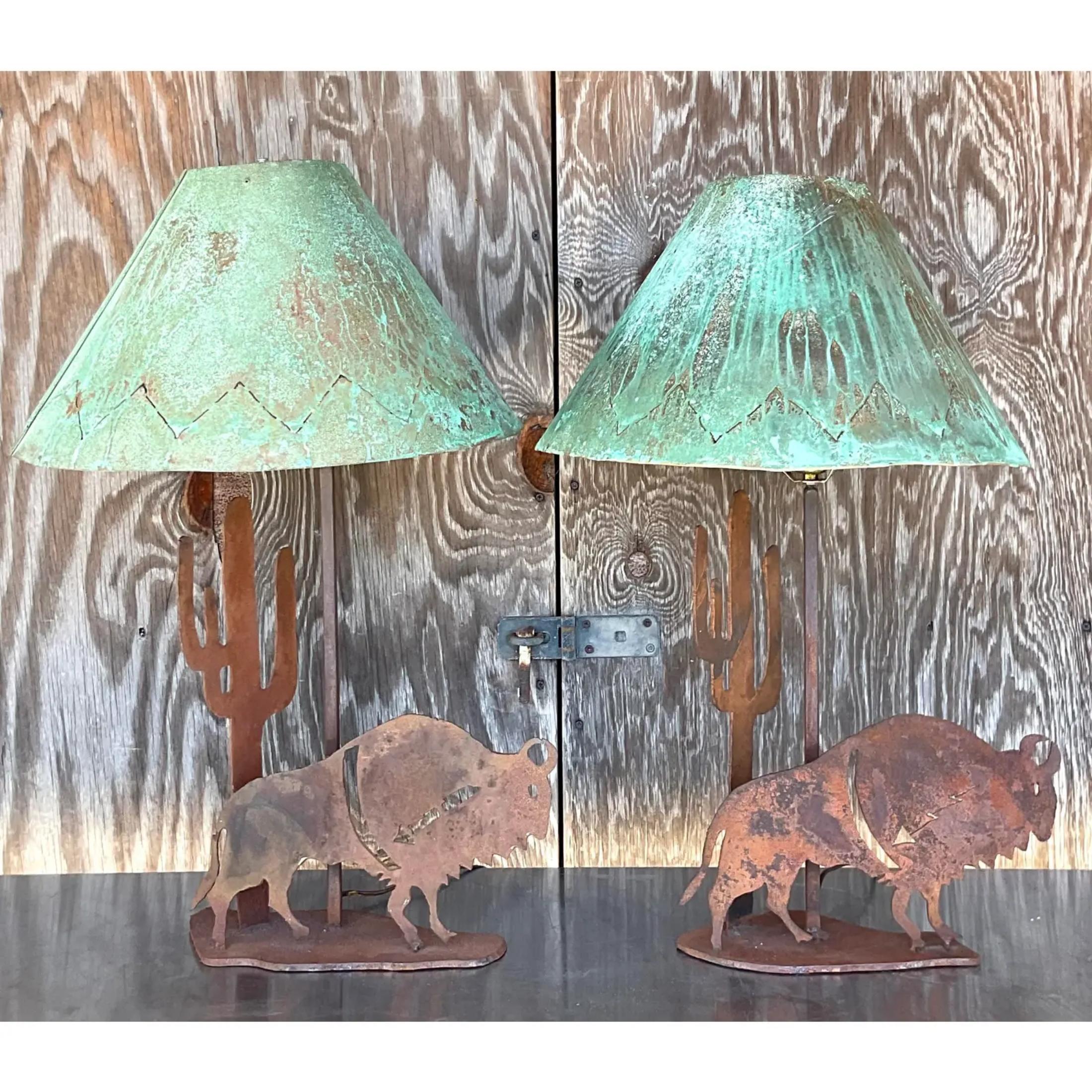 Vintage Rustic Punch Cut Lamps With Patinated Metal Shades - a Pair 2