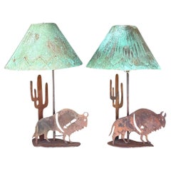 Vintage Rustic Punch Cut Lamps With Patinated Metal Shades - a Pair