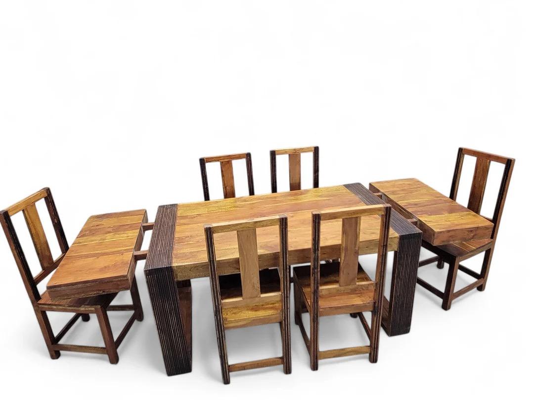 Vintage Rustic Reclaimed Barnwood Extending Dining Table And Chairs Set For Sale 7