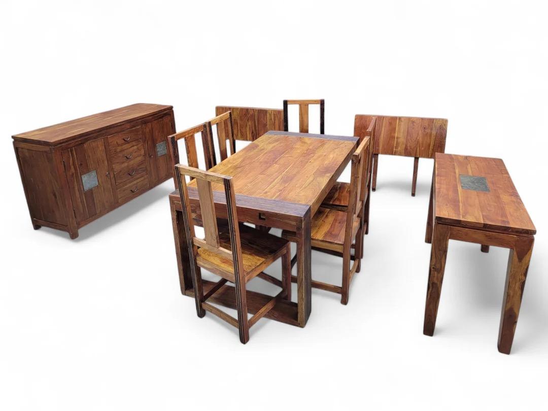 Vintage Rustic Reclaimed Barnwood Extending Dining Table And Chairs Set For Sale 13