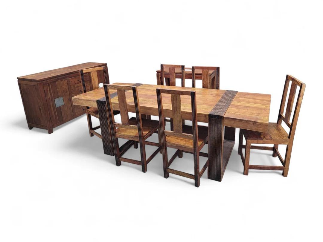 Vintage Rustic Reclaimed Barnwood Extending Dining Table And Chairs Set For Sale 14