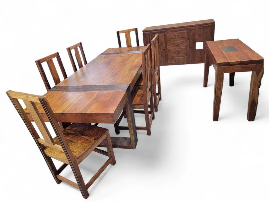 Vintage Rustic Reclaimed Barnwood Extending Dining Table And Chairs Set For Sale 3