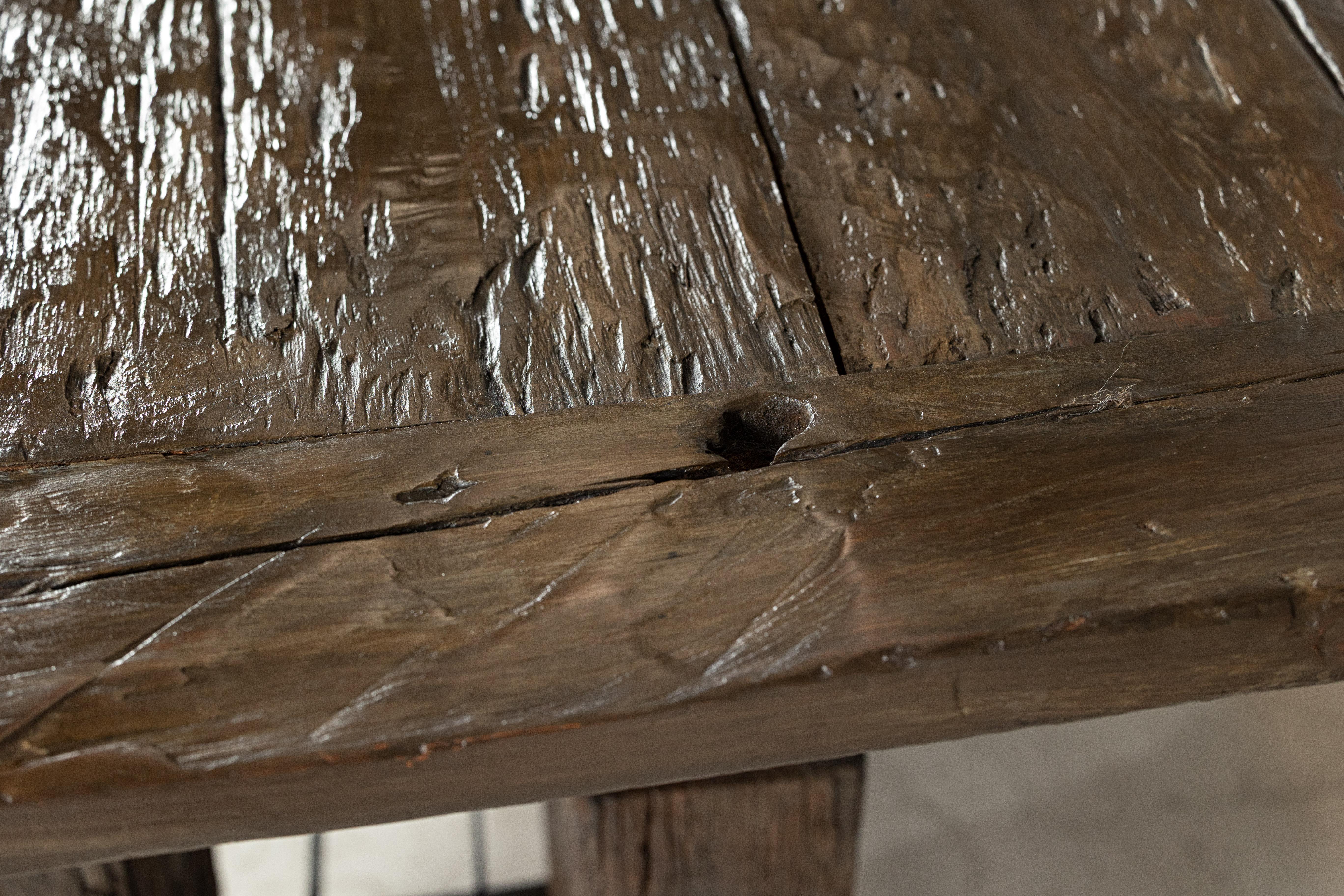 Vintage Rustic Reclaimed Teak Table with Distressed Top and Metal Base For Sale 10