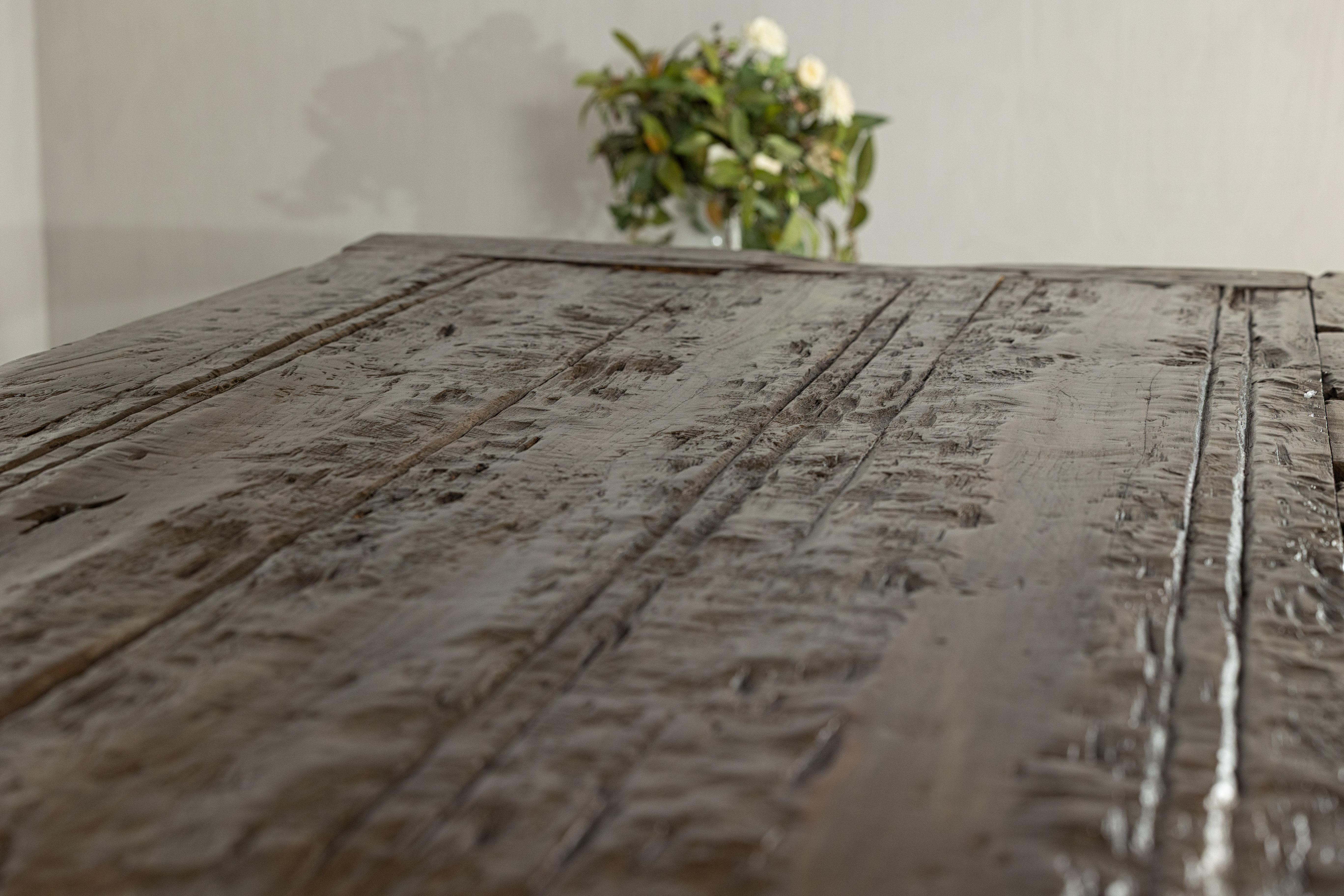 Vintage Rustic Reclaimed Teak Table with Distressed Top and Metal Base For Sale 12