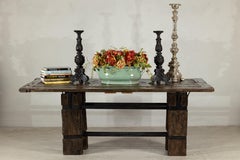 Vintage Rustic Reclaimed Teak Table with Distressed Top and Metal Base