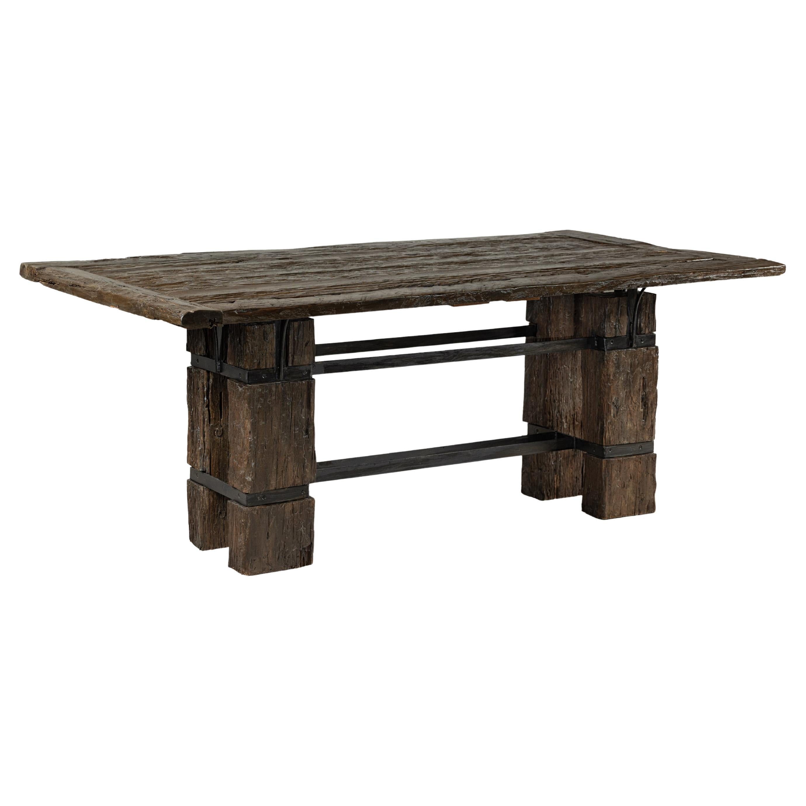 Vintage Rustic Reclaimed Teak Table with Distressed Top and Metal Base For Sale