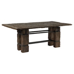 Vintage Rustic Reclaimed Teak Table with Distressed Top and Metal Base